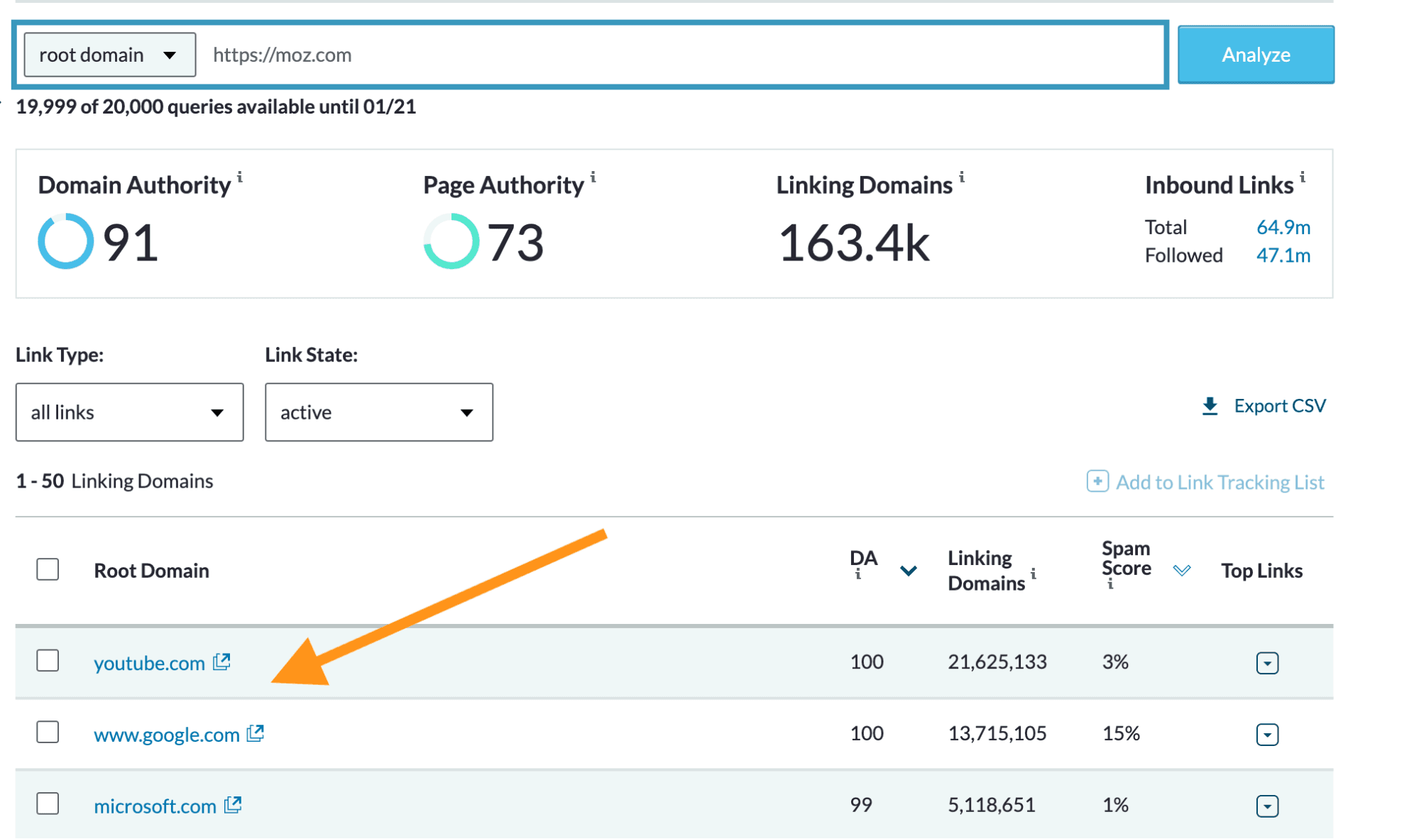 screenshot of moz link explorer